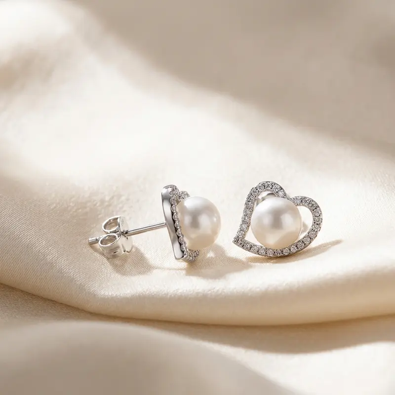 Heart halo pearl studs on champagne silk