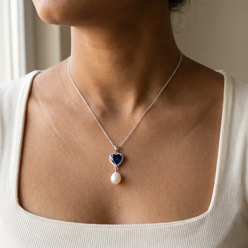 Sapphire-blue heart and pearl pendant worn at the neckline