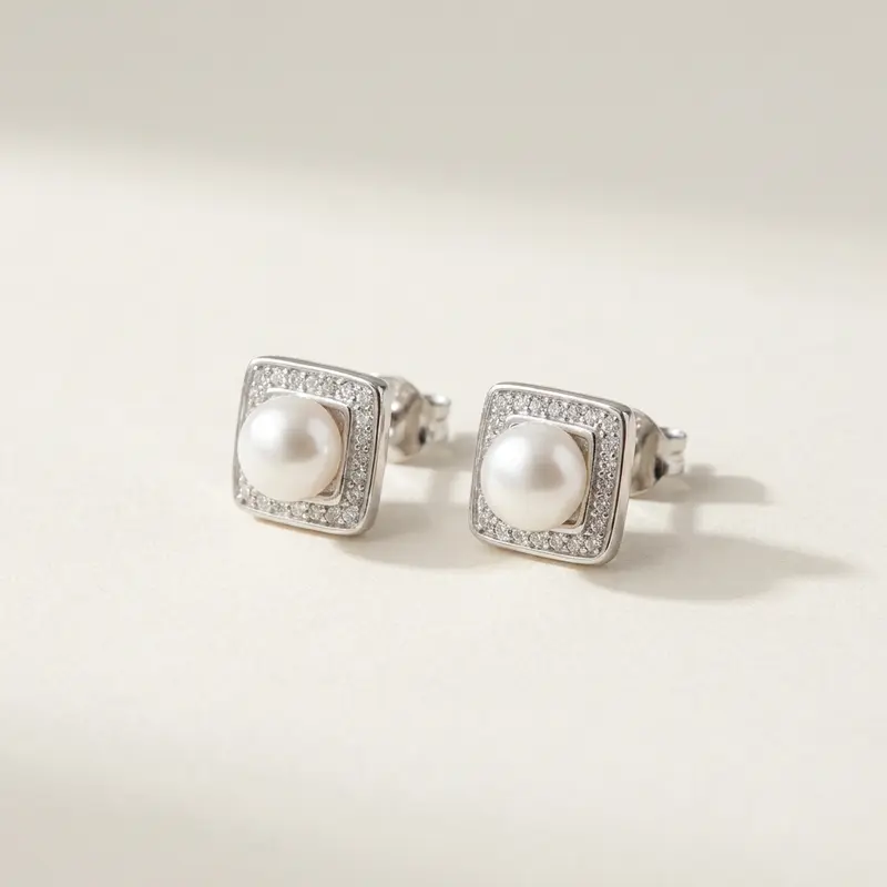 Pair of square halo pearl studs on a warm off-white surface